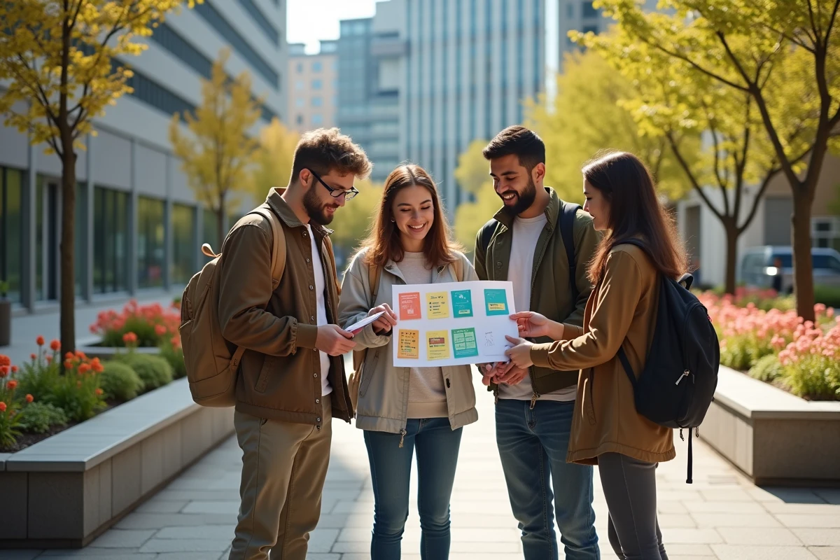 Groupe de jeunes discutant d un moodboard en plein air