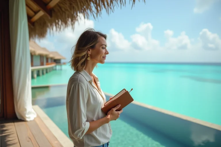 Femme en villégiature sur le balcon d'un bungalow sur pilotis de luxe aux Maldives avec vue sur le lagon turquoise