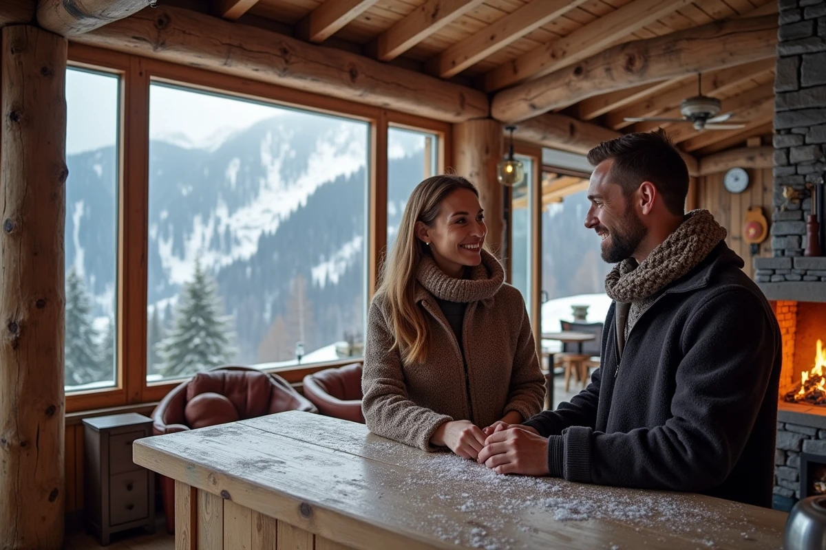 Couple arrivant dans un chalet boutique alpin rustique en Suisse avec décor en bois et vue sur les sommets enneigés