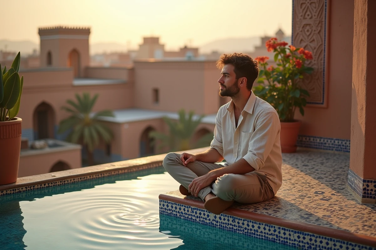 Voyageur solitaire se relaxant au bord d'une piscine sur la terrasse d'un riad boutique à Marrakech avec mosaïques zellige et vue sur la médina