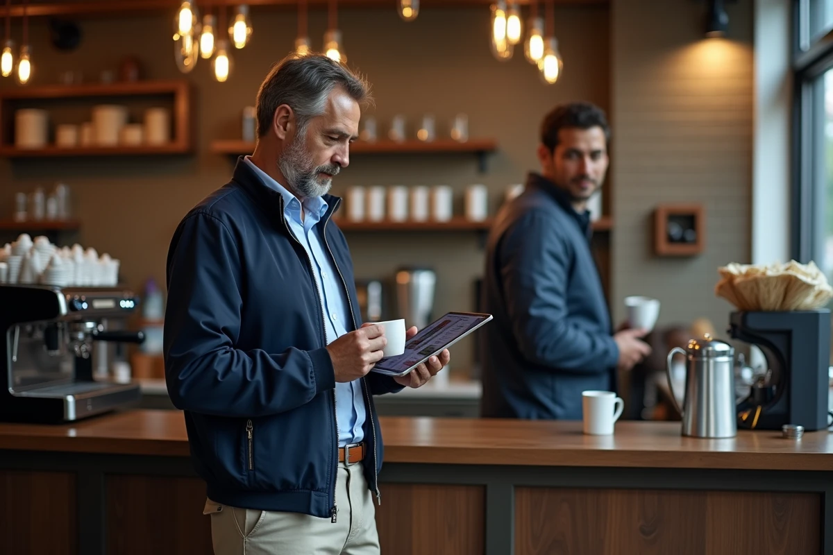Homme lisant les actualités en ligne sur une tablette dans un café urbain