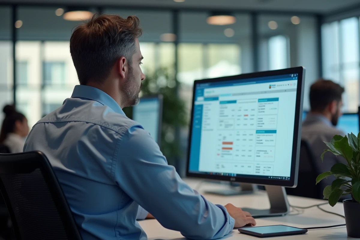 Homme d affaires utilisant un portail employe en open space