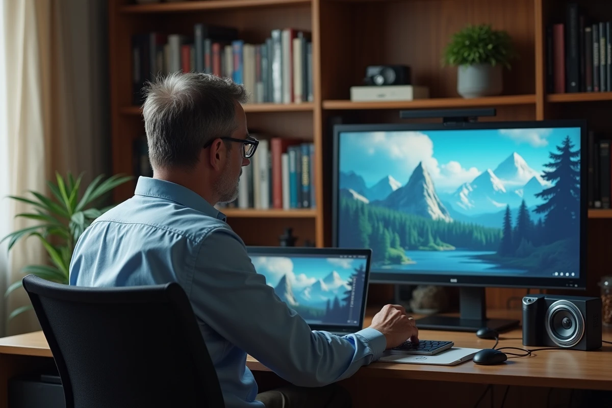 Homme comparant interfaces de streaming anciennes et modernes