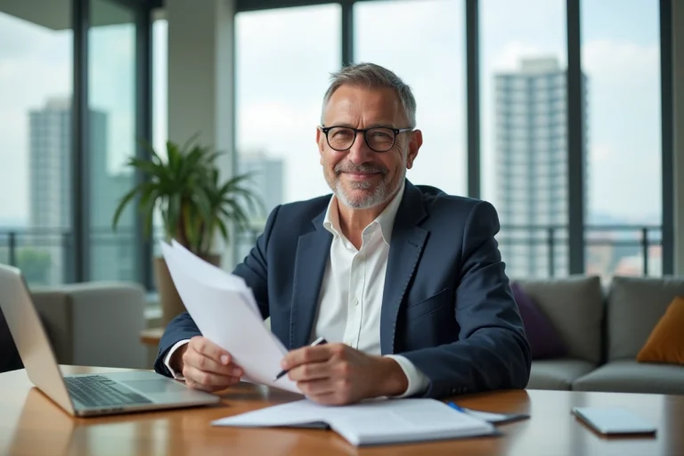Homme confiant en blazer tenant des documents immobiliers