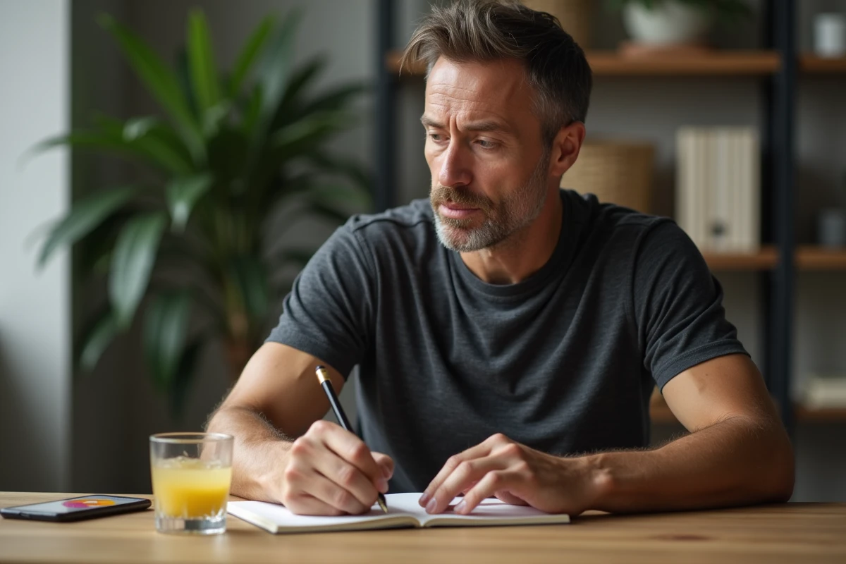 Homme pratiquant le jeûne intermittent à son bureau avec un journal et un verre d'eau citronnée, application de suivi du jeûne visible