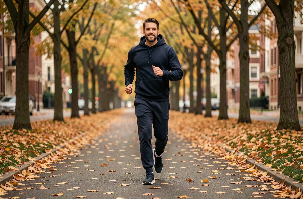 Homme faisant du jogging en ville en automne dans le cadre d'une routine minceur quotidienne