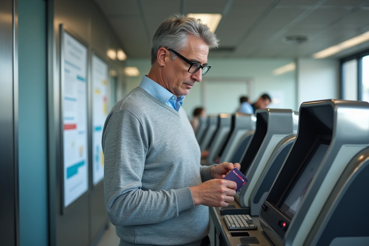 Homme utilisant un kiosque de service public en intérieur