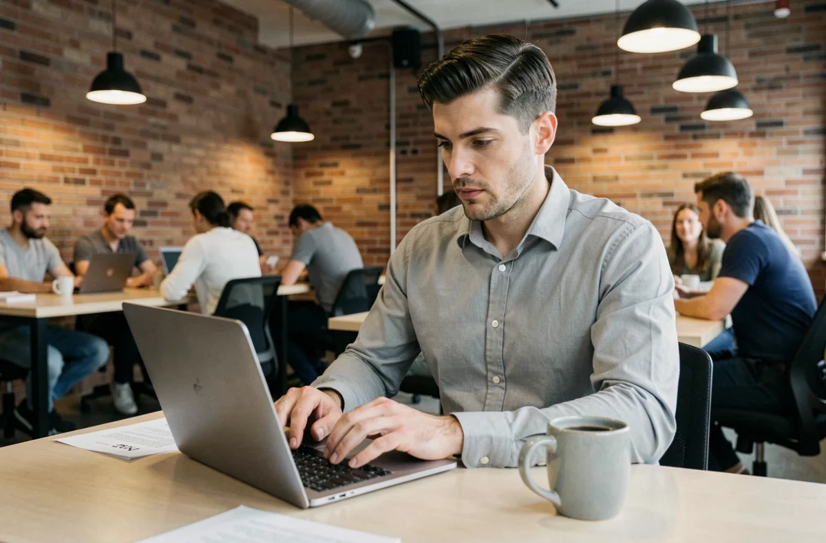 Homme rédigeant une lettre de motivation sur ordinateur portable dans un espace de coworking moderne