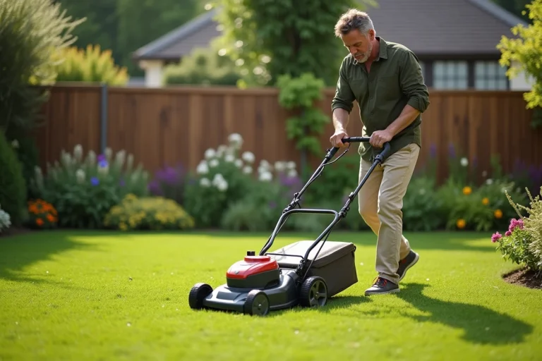 Homme utilisant une tondeuse électrique pour entretenir une pelouse verte dans un jardin résidentiel soigné