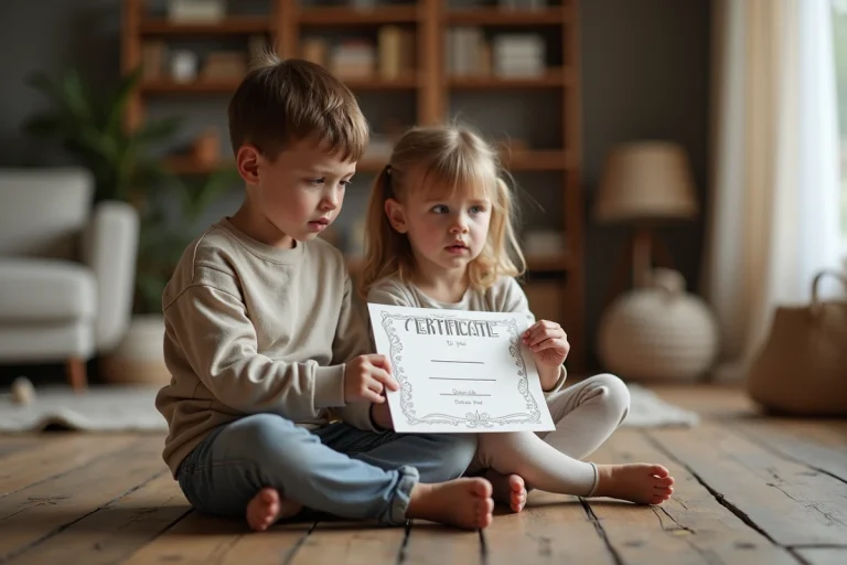Jeune fille cadette observant son frère aîné recevoir des félicitations de ses parents, illustrant la jalousie fraternelle entre enfants