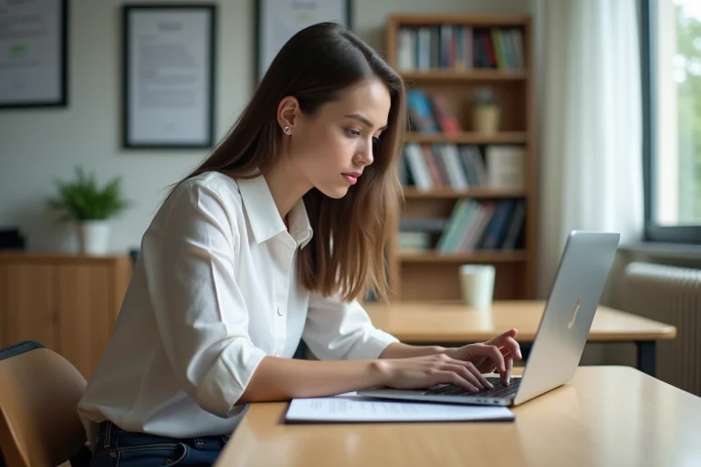 Jeune femme concentrée remplissant une application sur un ordinateur portable
