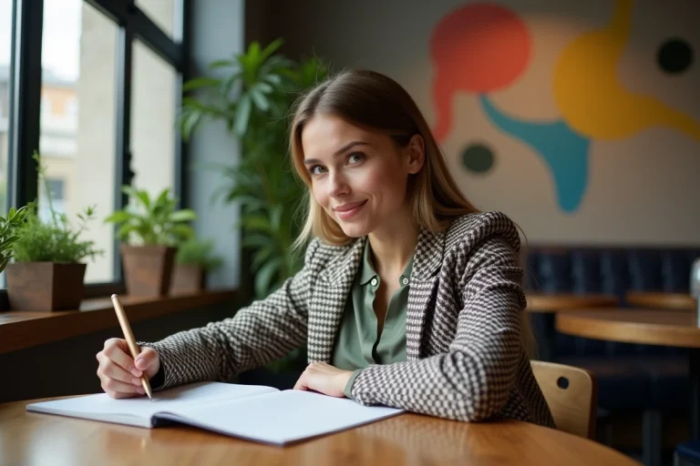 Jeune femme stylée esquissant dans un café créatif