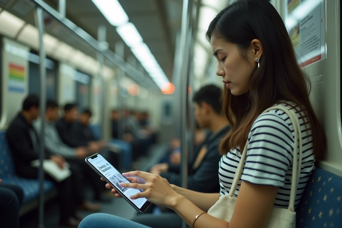 Jeune femme parcourant les unes des journaux sur smartphone dans le métro