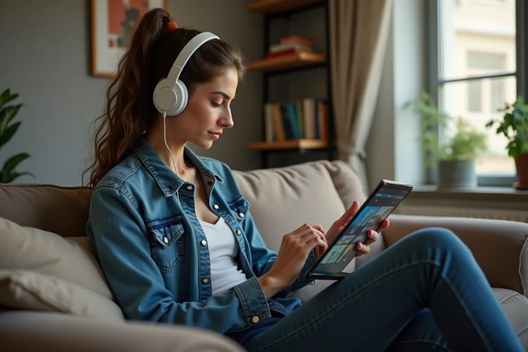 Jeune femme en denim regardant un tablet pour streaming