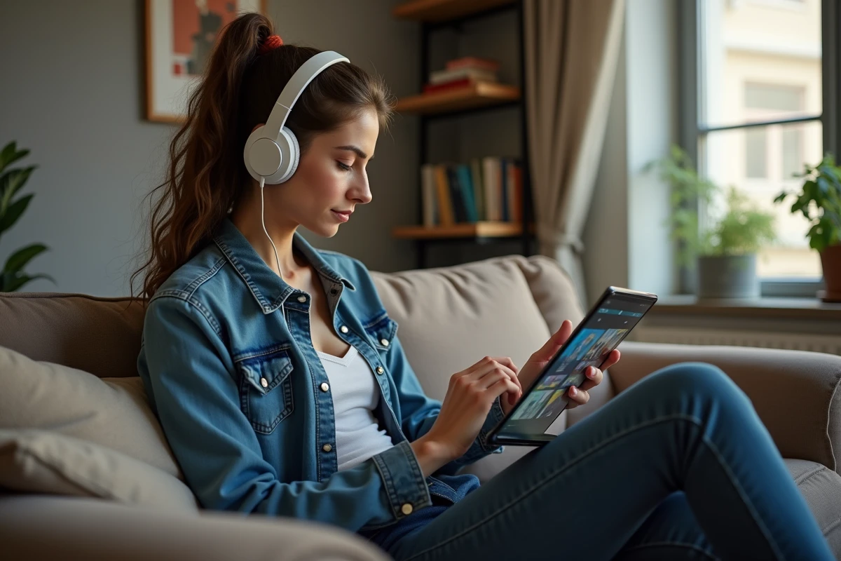 Jeune femme en denim regardant un tablet pour streaming
