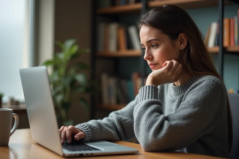 Femme lisant discrètement un message Microsoft Teams sur son ordinateur portable dans un bureau à domicile