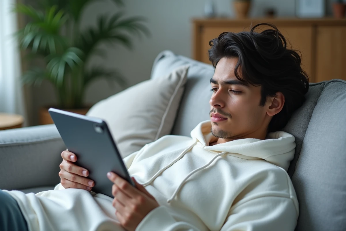 Personne lisant un message Teams sur tablette allongée sur un canapé sans déclencher la notification de lecture