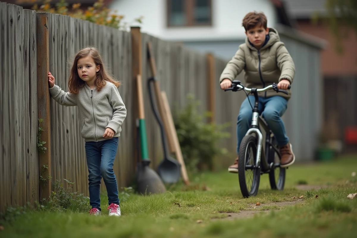 Petite sœur cadette regardant avec jalousie son frère aîné faire du vélo dans le jardin, illustration de la rivalité fraternelle