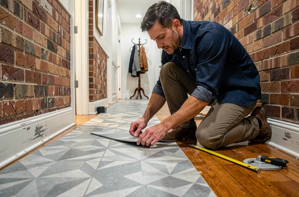 Homme posant du carrelage adhésif géométrique dans un couloir en cours de rénovation