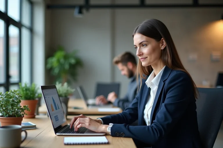 Professionnelle utilisant une plateforme numérique sur son ordinateur portable dans un bureau moderne et collaboratif