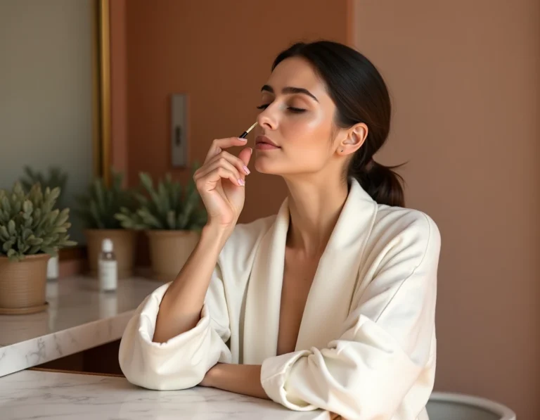 Femme appliquant un sérum sur son visage lors de sa routine beauté quotidienne dans une salle de bain moderne