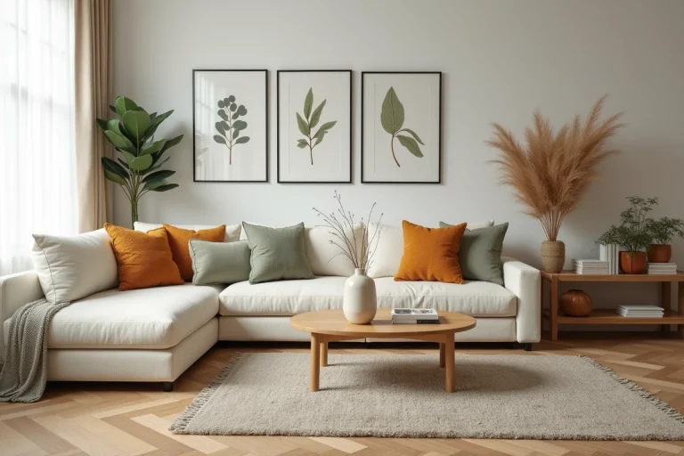Salon moderne au style scandinave avec canapé en lin crème, coussins texturés et décoration en bois naturel