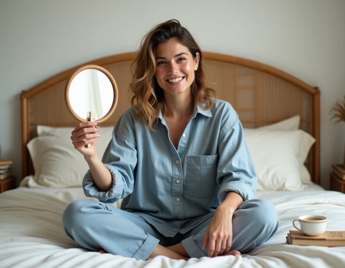Femme prenant soin de ses cheveux naturels le matin dans une chambre cosy et lumineuse