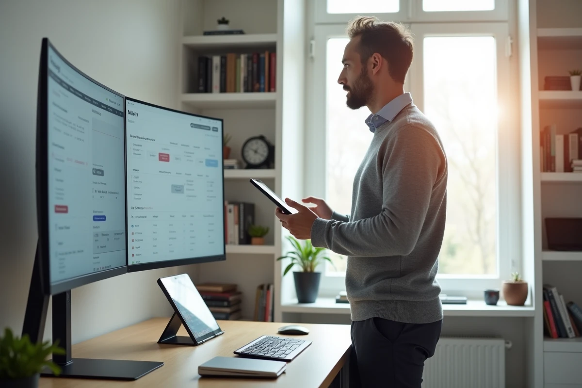 Professionnel en télétravail gérant son activité quotidienne via une plateforme de productivité dans un bureau à domicile