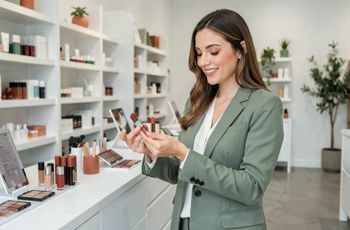 Femme testant une teinte de rouge à lèvres dans une boutique de cosmétiques minimaliste et élégante