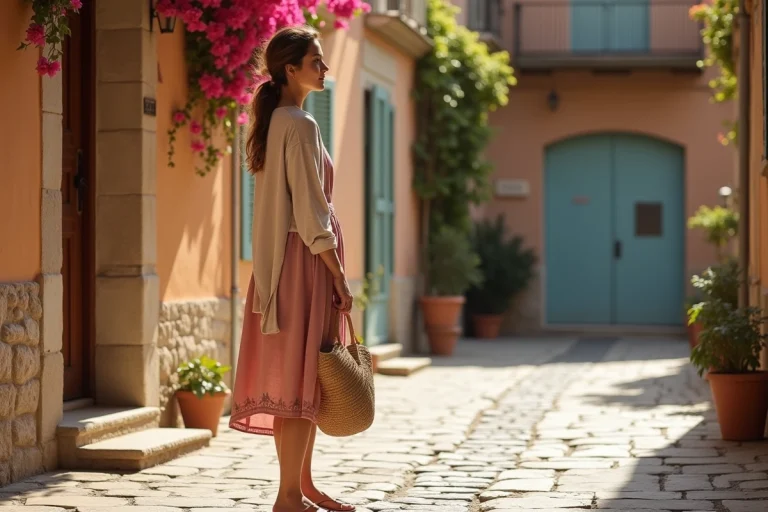 Femme en robe lin midi rose et cardigan beige dans une ruelle pavée sicilienne en avril, style tenue légère et élégante pour voyager en Sicile au printemps