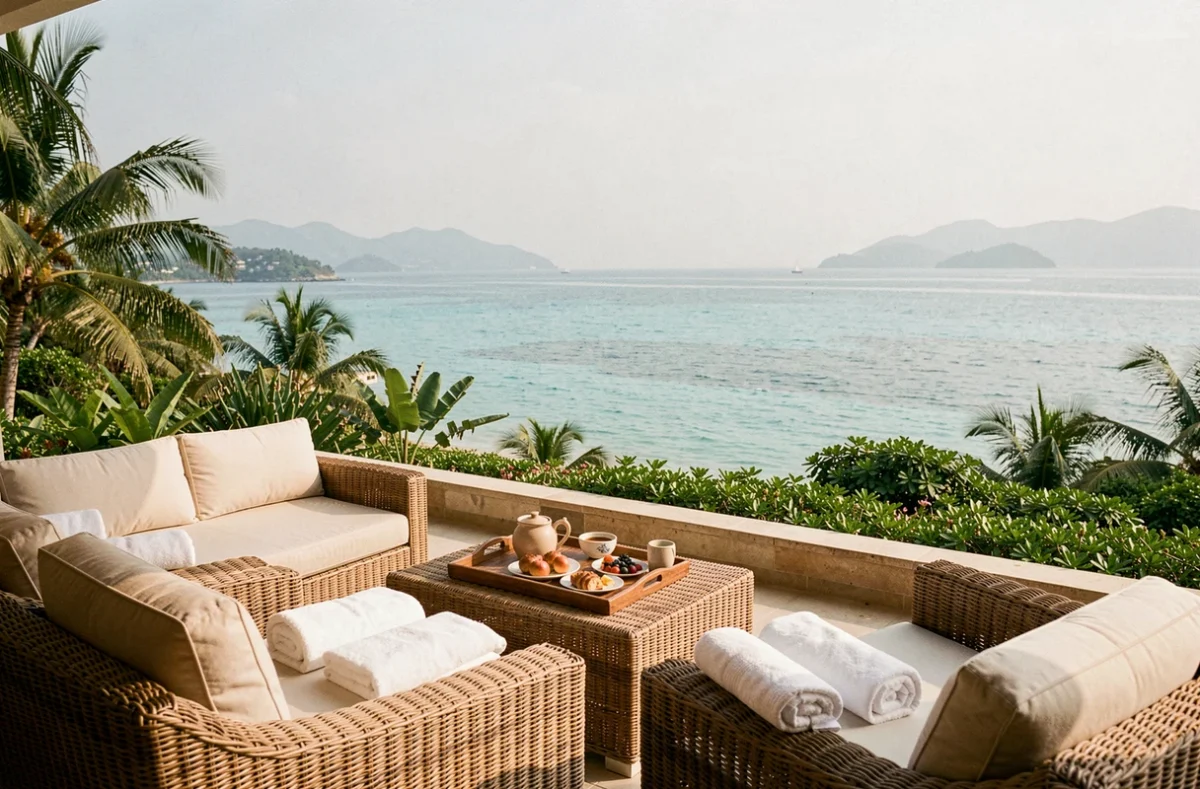 Terrasse de villa de luxe avec vue sur une baie turquoise et petit-déjeuner local dans un resort tropical
