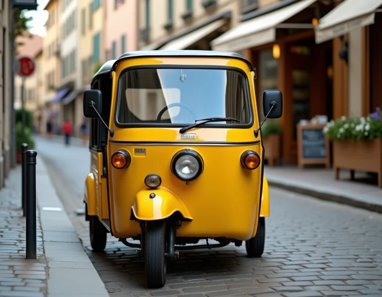 Tuk tuk jaune garé dans une rue pavée d'une ville de province française avec des commerces en arrière-plan