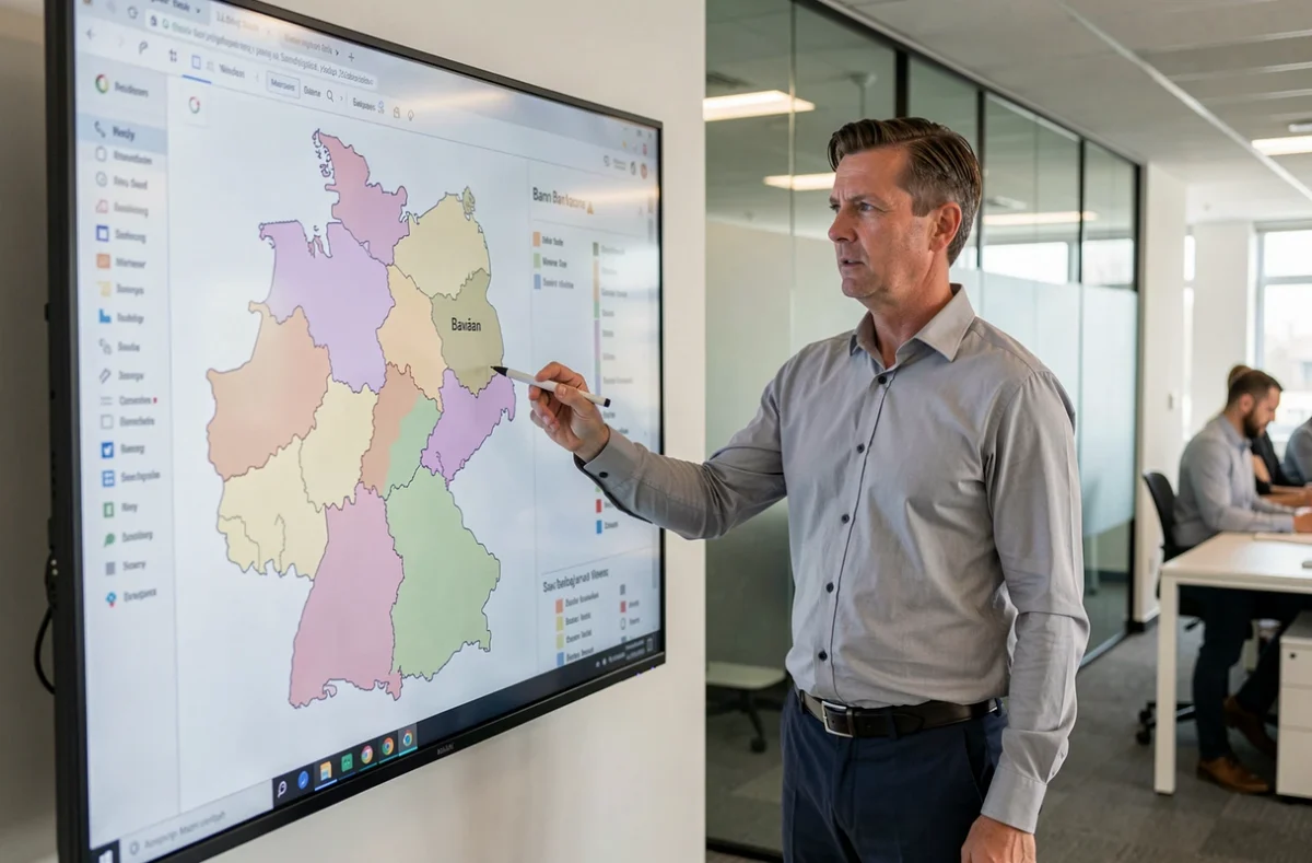 Urbaniste professionnel debout devant un écran interactif affichant la carte mise à jour des Länder d'Allemagne en 2026