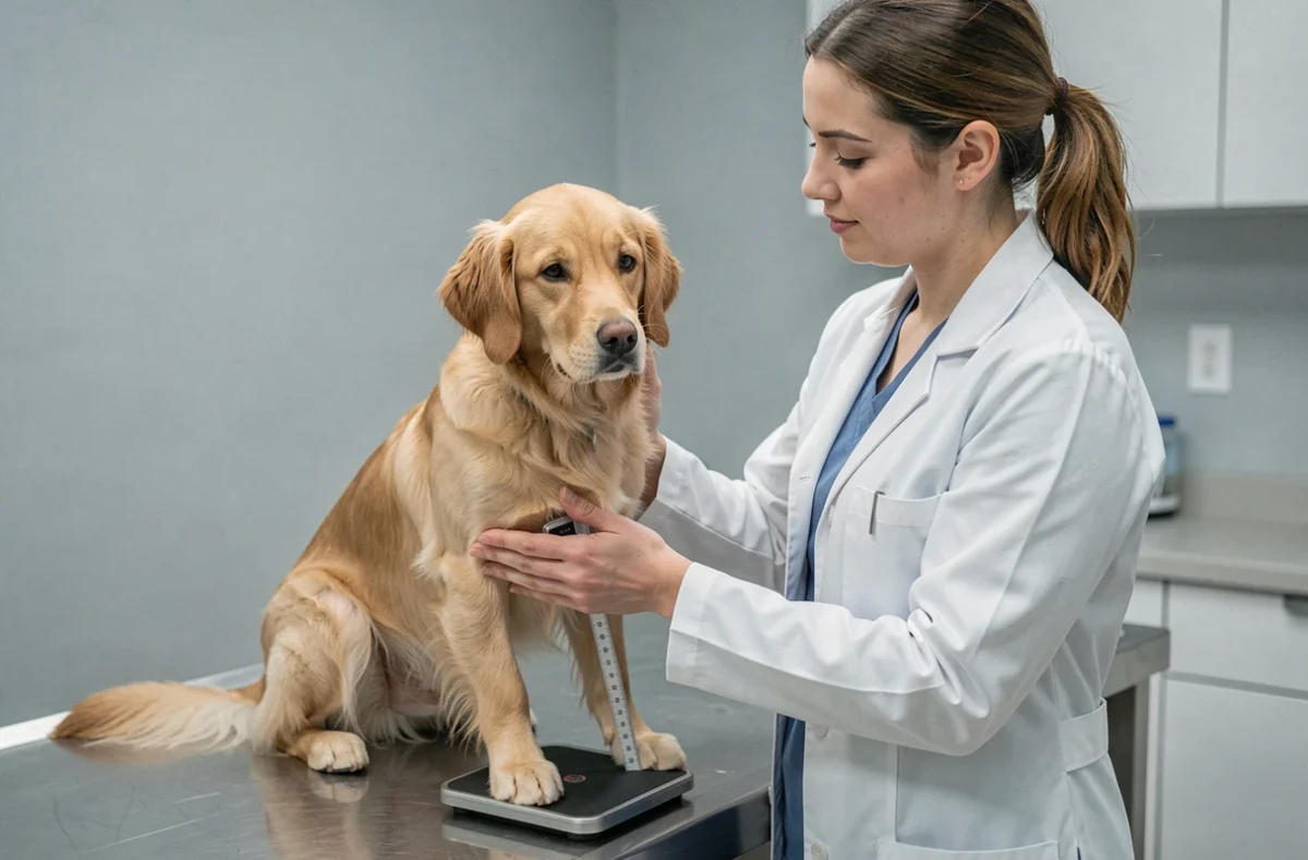 Vétérinaire mesurant la taille d'un golden retriever nain sur une table d'examen dans une clinique vétérinaire moderne